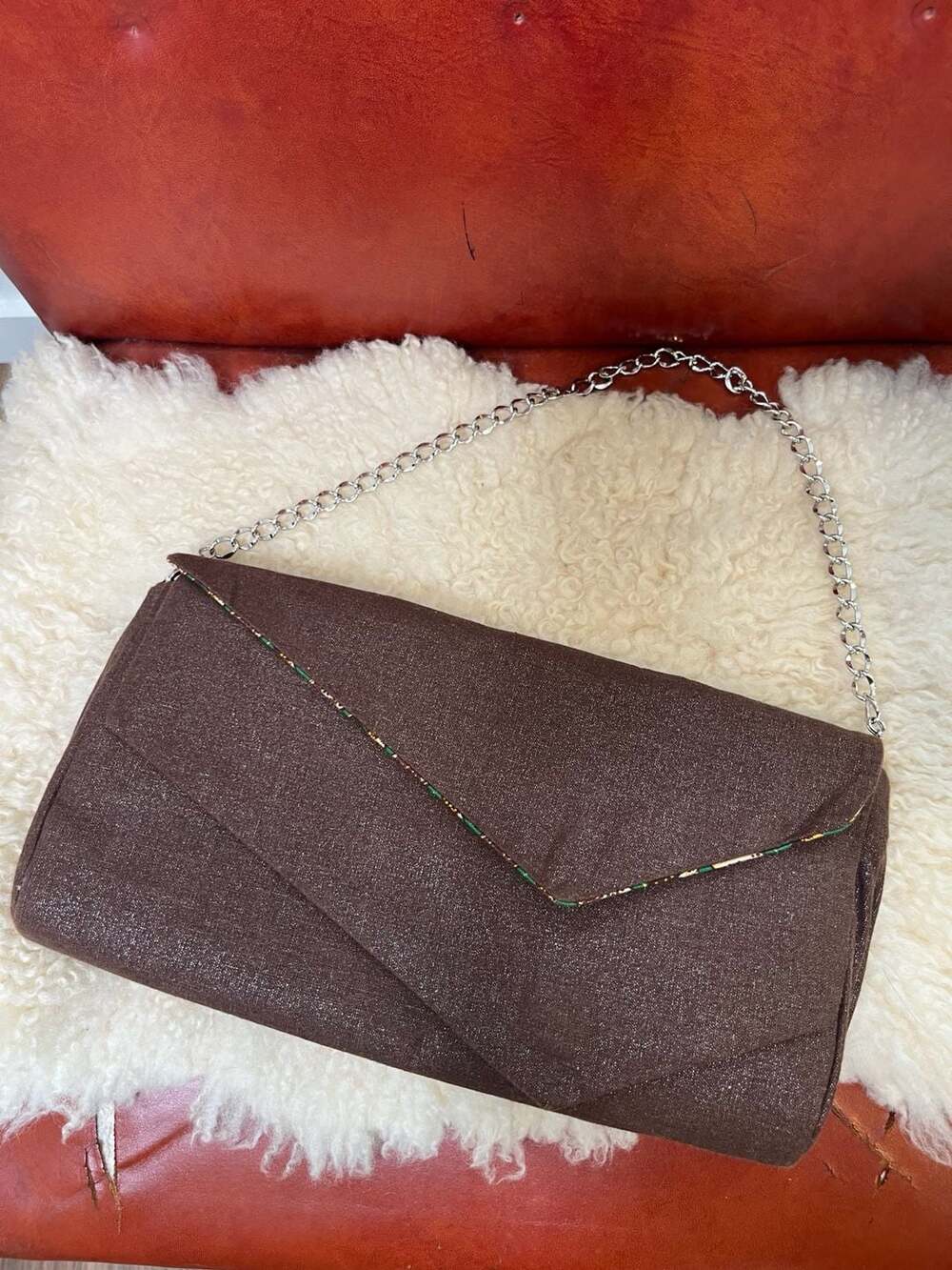 Brown Glitter Sparkle Envelope Clutch Chain Strap Evening Party Purse